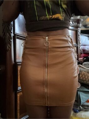 Fashion Nova Brown Faux Leather Mini Skirt with Front Zip